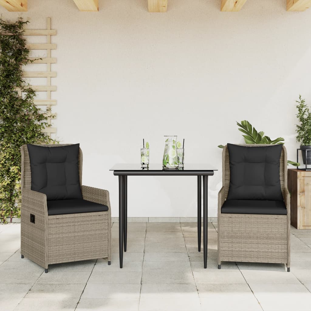 spisebordssæt til haven 3 dele med hynder polyrattan lysegrå