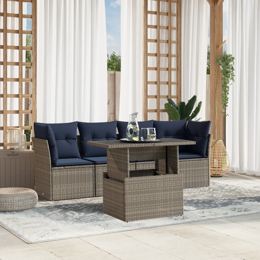 havesofasæt med 5 dele og hynder grå polyrattan