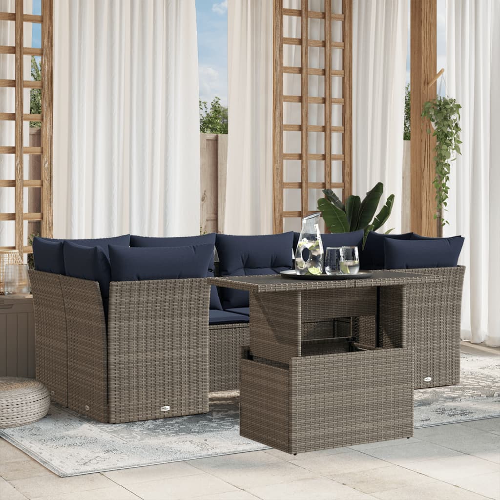 havesofasæt med 7 dele og hynder grå polyrattan
