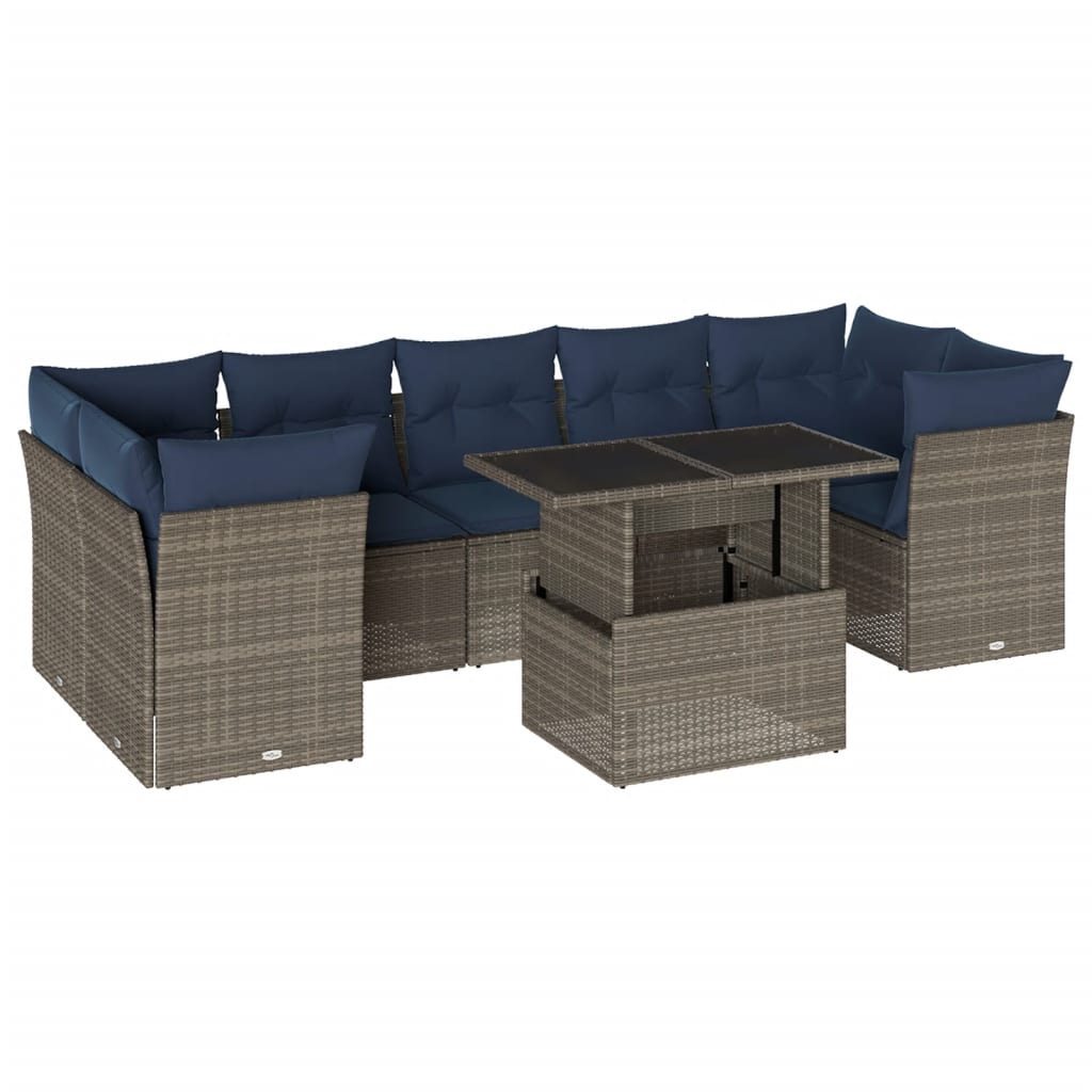 havesofasæt med 8 hynder grå polyrattan