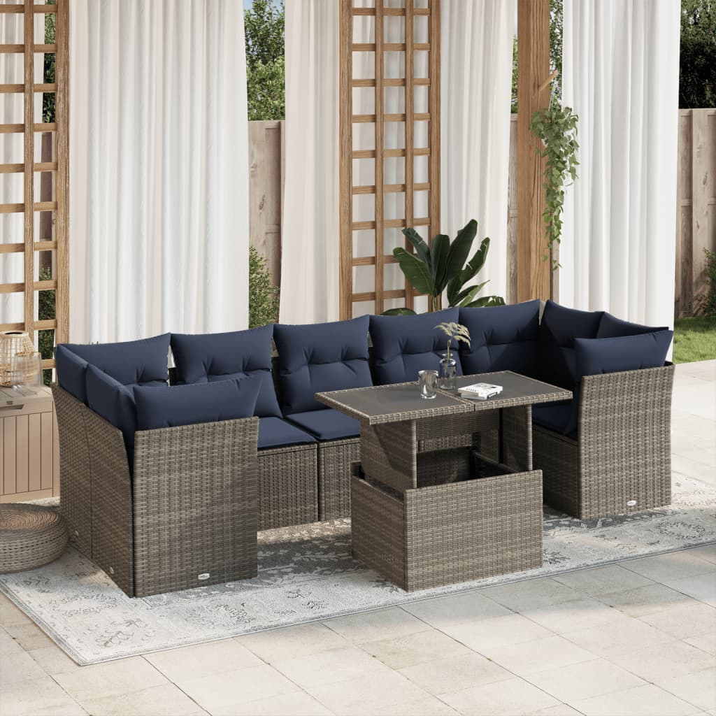 havesofasæt med 8 hynder grå polyrattan