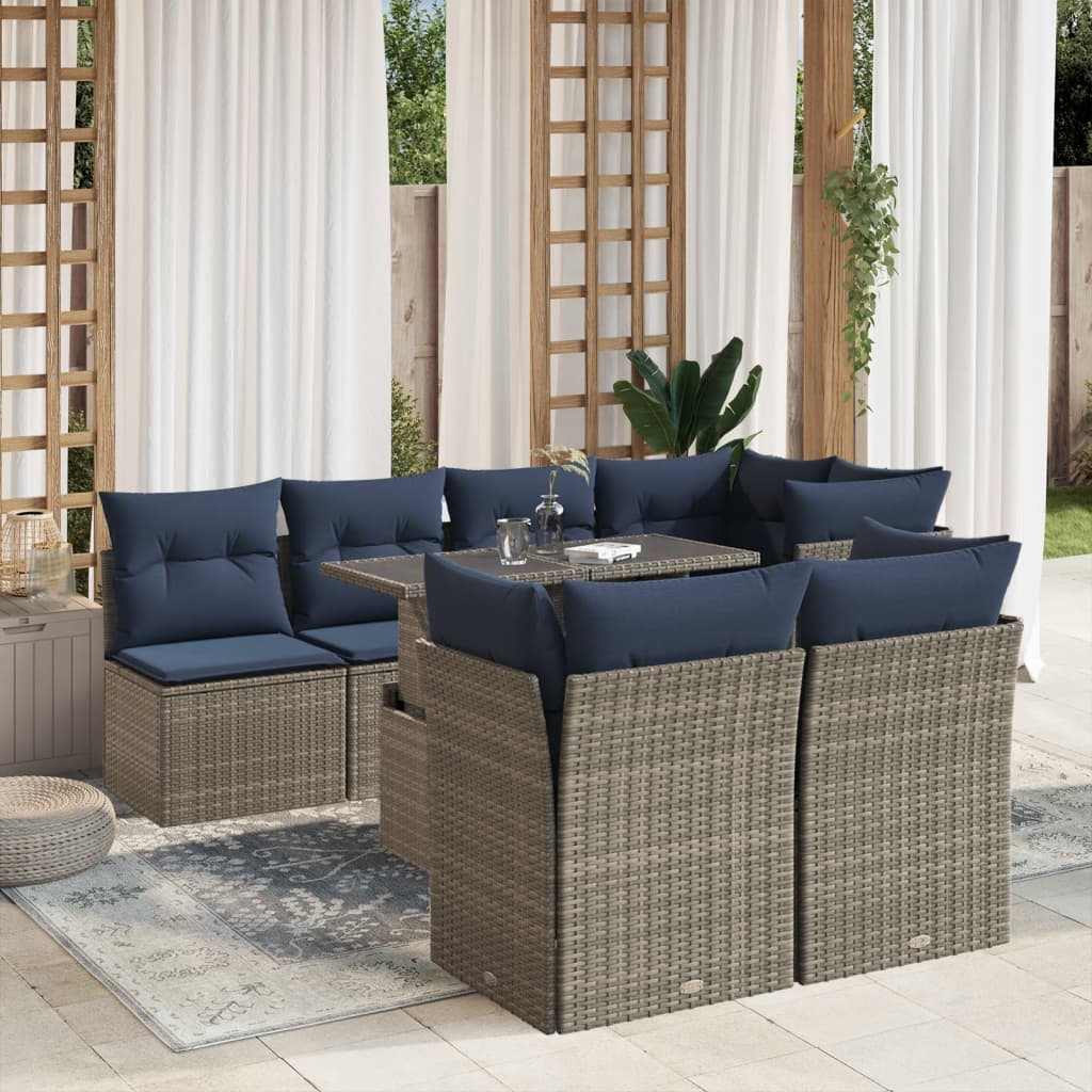 havesofasæt med 8 hynder grå polyrattan