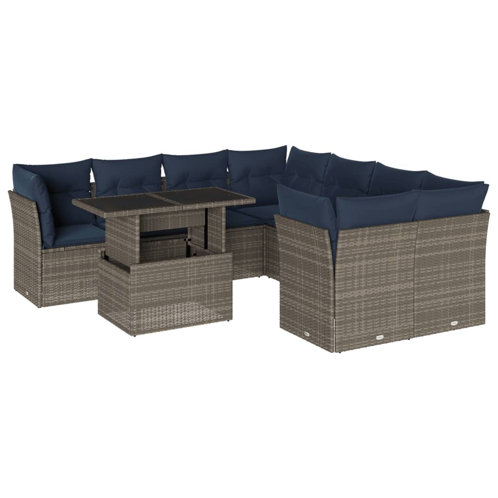 havesofasæt med 9 dele og hynder grå polyrattan