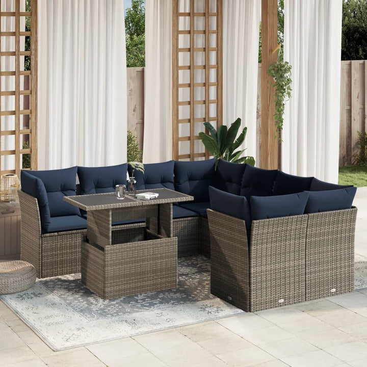 havesofasæt med 9 dele og hynder grå polyrattan