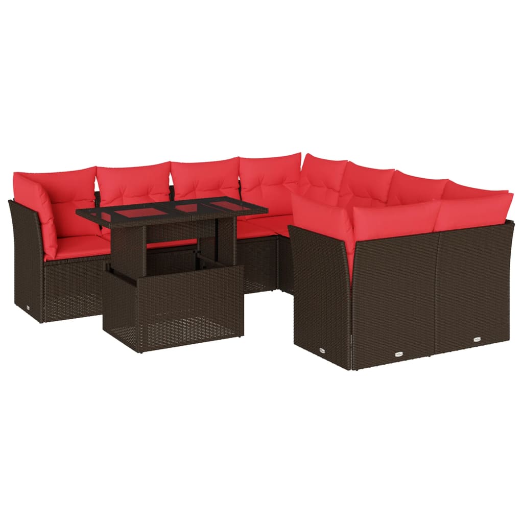 havesofasæt med 9 dele og hynder brun polyrattan