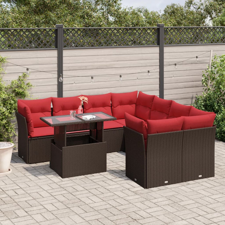 havesofasæt med 9 dele og hynder brun polyrattan