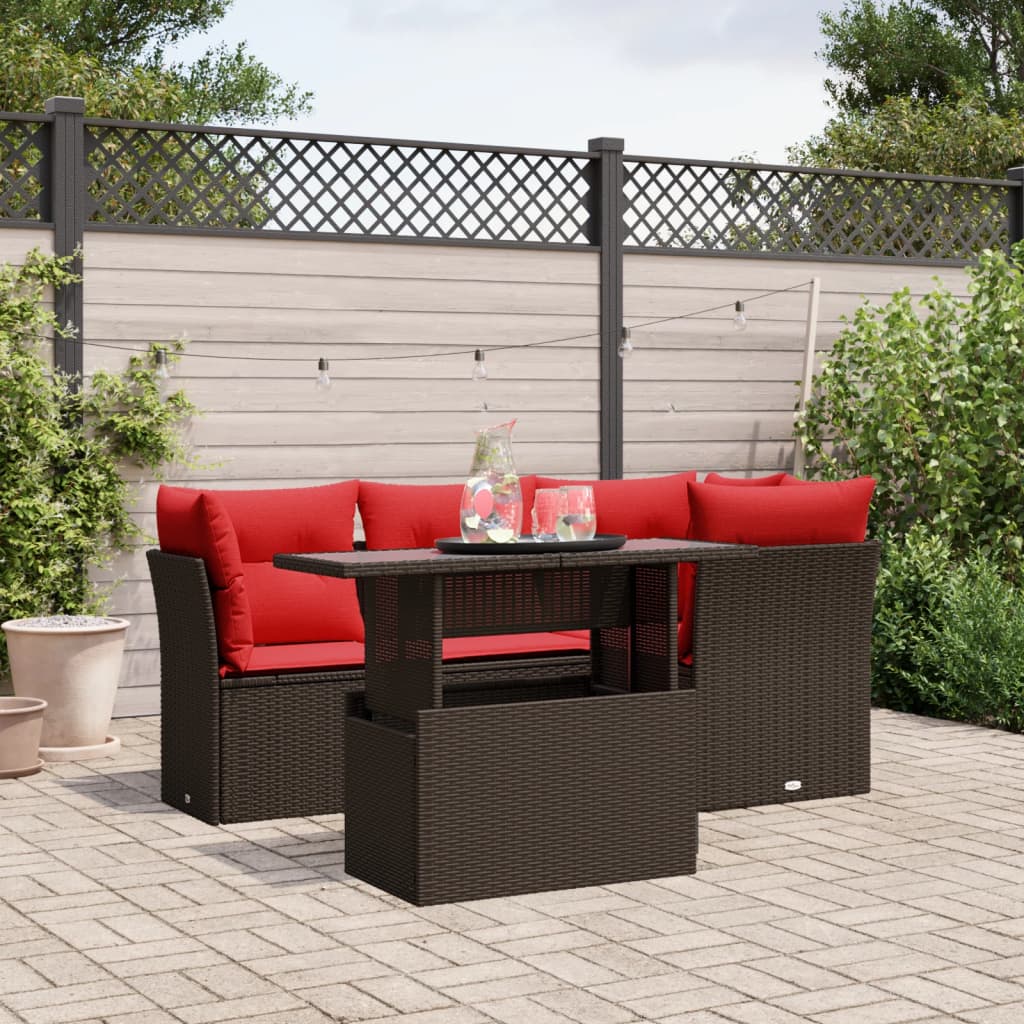 havesofasæt med 5 dele og hynder brun polyrattan