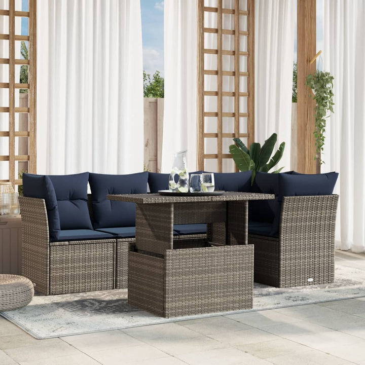 havesofasæt med 6 dele og hynder grå polyrattan