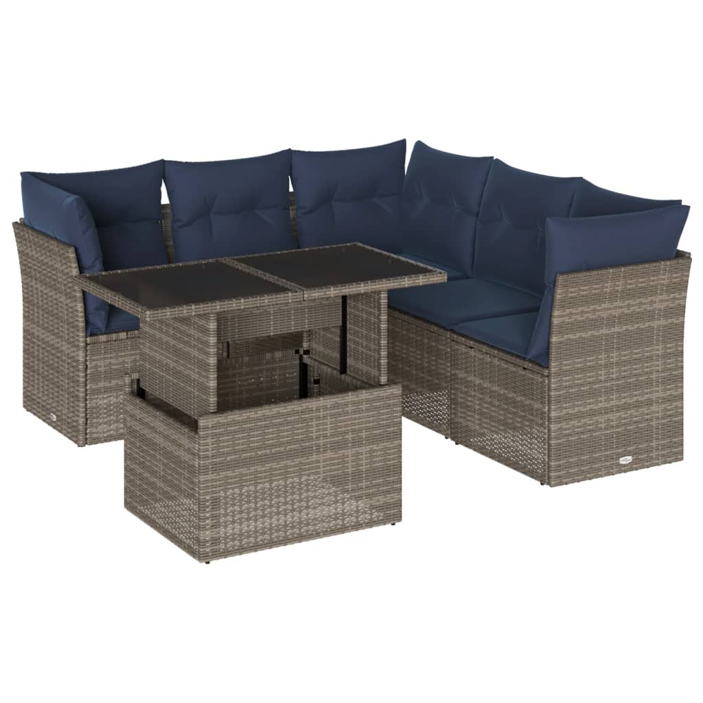havesofasæt med 6 dele og hynder grå polyrattan