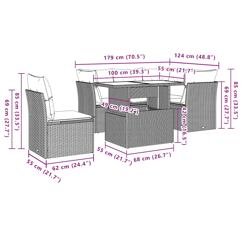 sofasæt til haven 6 dele med hynder polyrattan sort