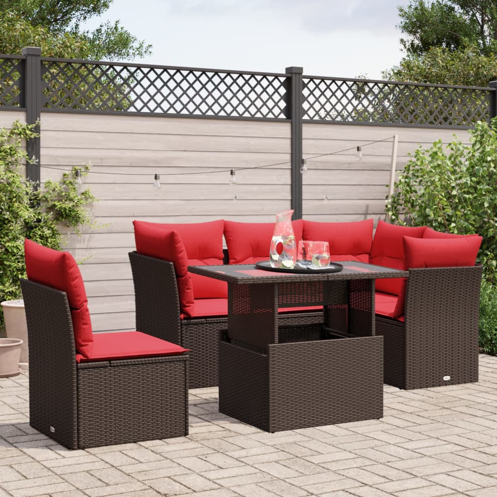 havesofasæt med 6 hynder brun polyrattan