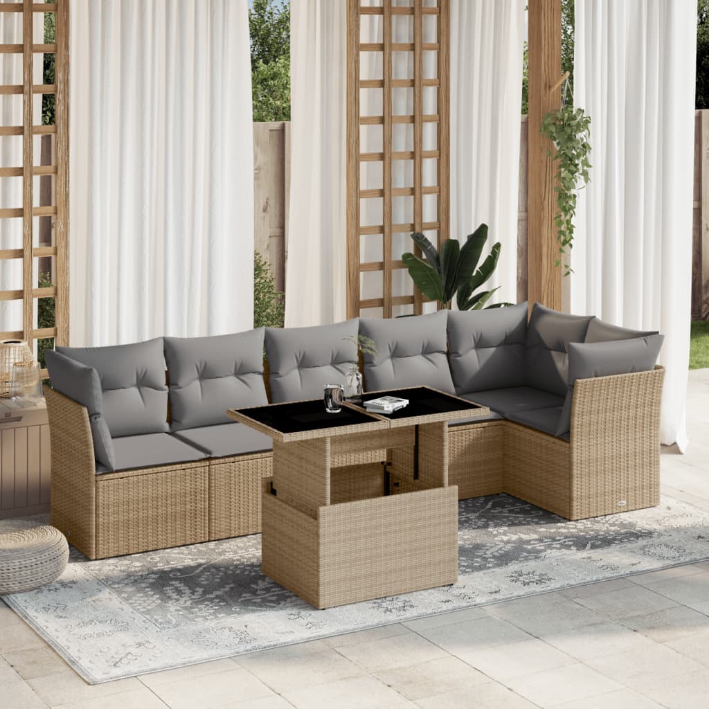 sofasæt til haven 7 dele med hynder polyrattan beige