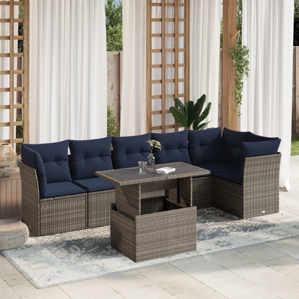 havesofasæt med 7 dele og hynder grå polyrattan