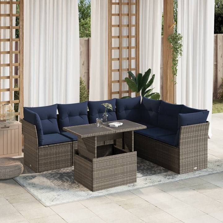 havesofasæt med 7 dele og hynder grå polyrattan