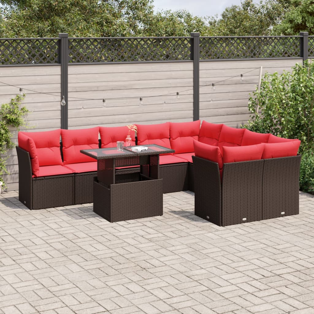 havesofasæt med 10 hynder brun polyrattan