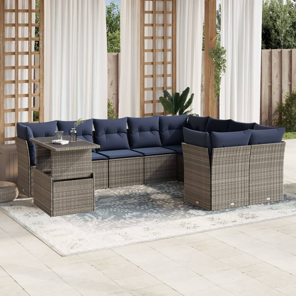 havesofasæt med 10 dele og hynder grå polyrattan