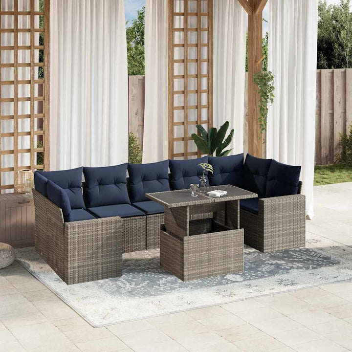 havesofasæt med 8 hynder grå polyrattan