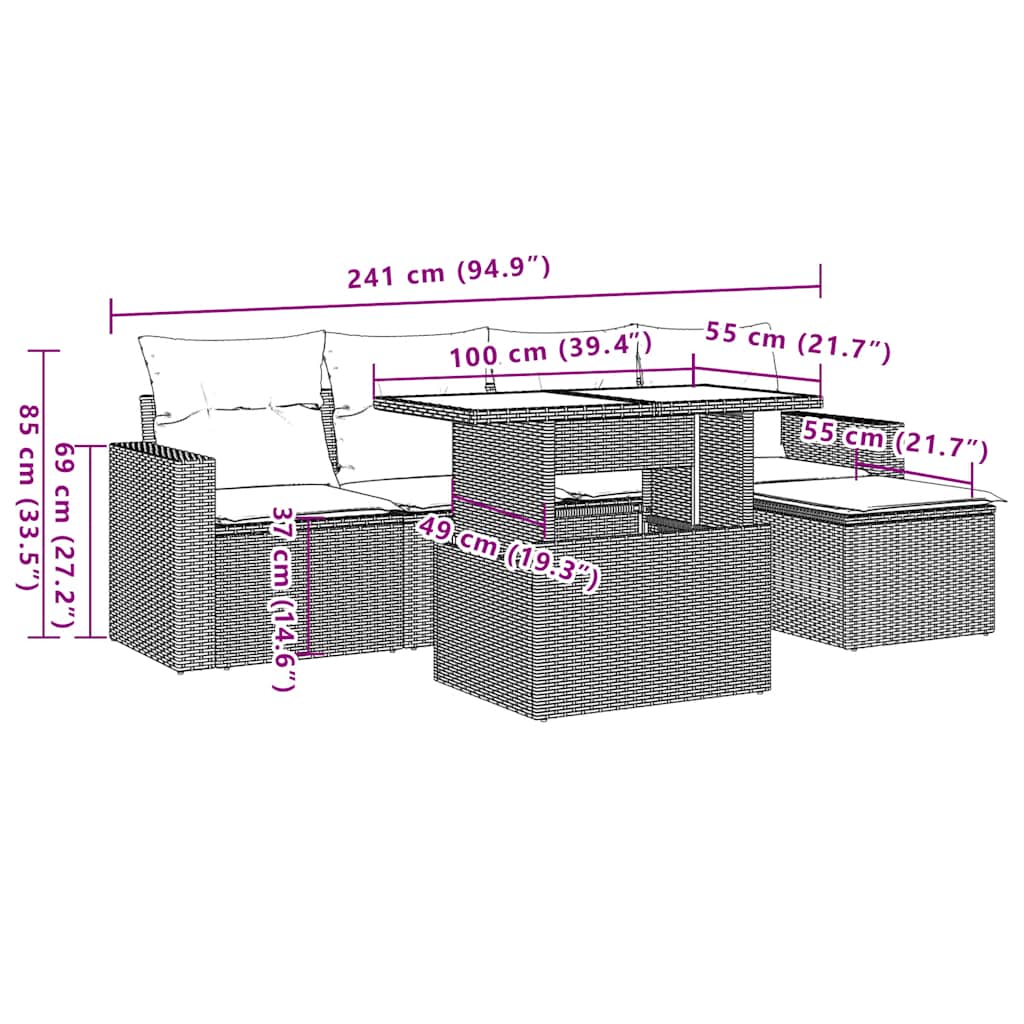 sofasæt til haven 6 dele med hynder polyrattan sort