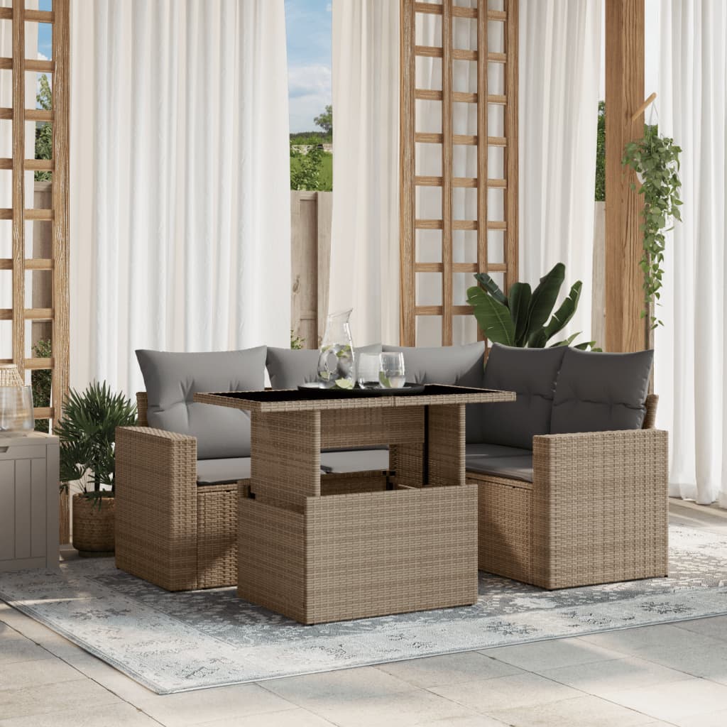 sofasæt til haven 5 dele med hynder polyrattan beige