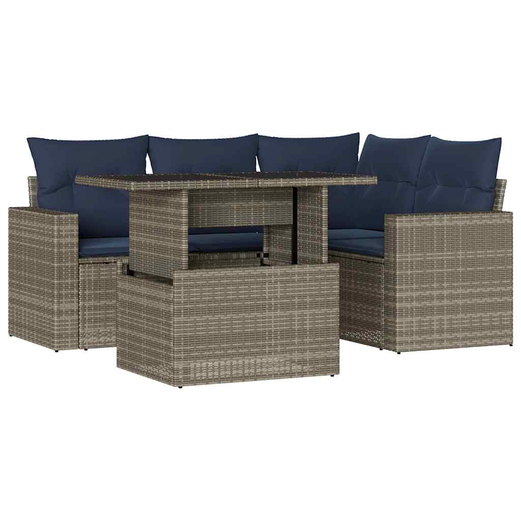 havesofasæt med 5 dele og hynder grå polyrattan