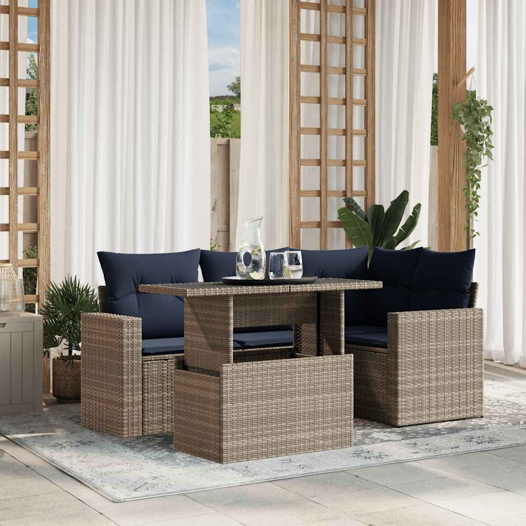 havesofasæt med 5 dele og hynder grå polyrattan