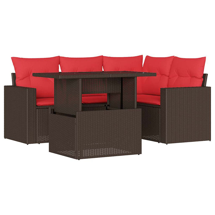 havesofasæt med 5 dele og hynder brun polyrattan