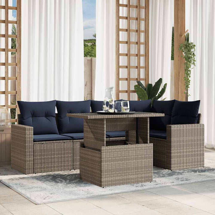 havesofasæt med 6 dele og hynder grå polyrattan