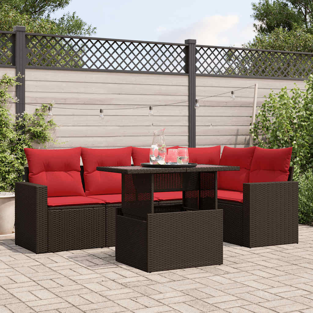 havesofasæt med 6 hynder brun polyrattan