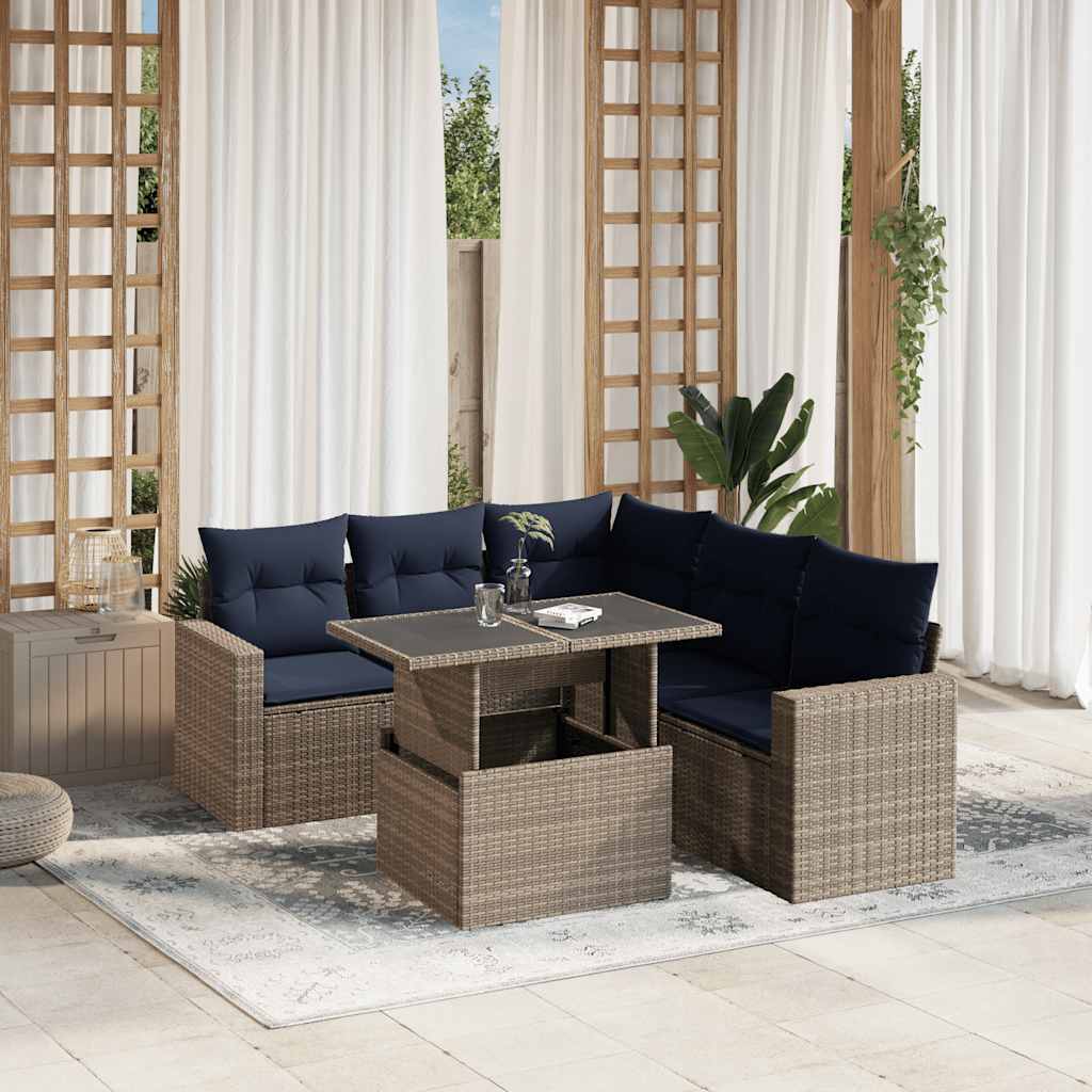 havesofasæt med 6 dele og hynder grå polyrattan