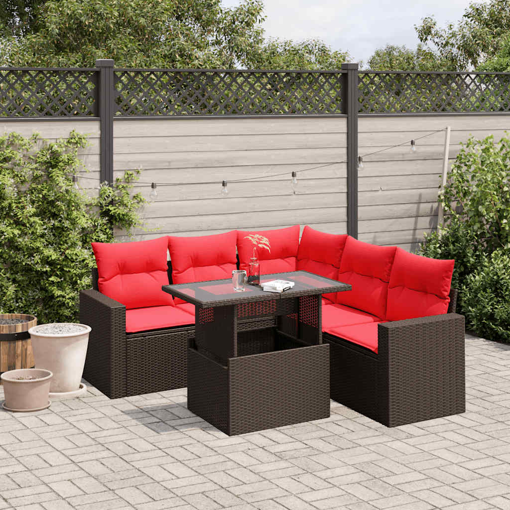 havesofasæt med 6 hynder brun polyrattan