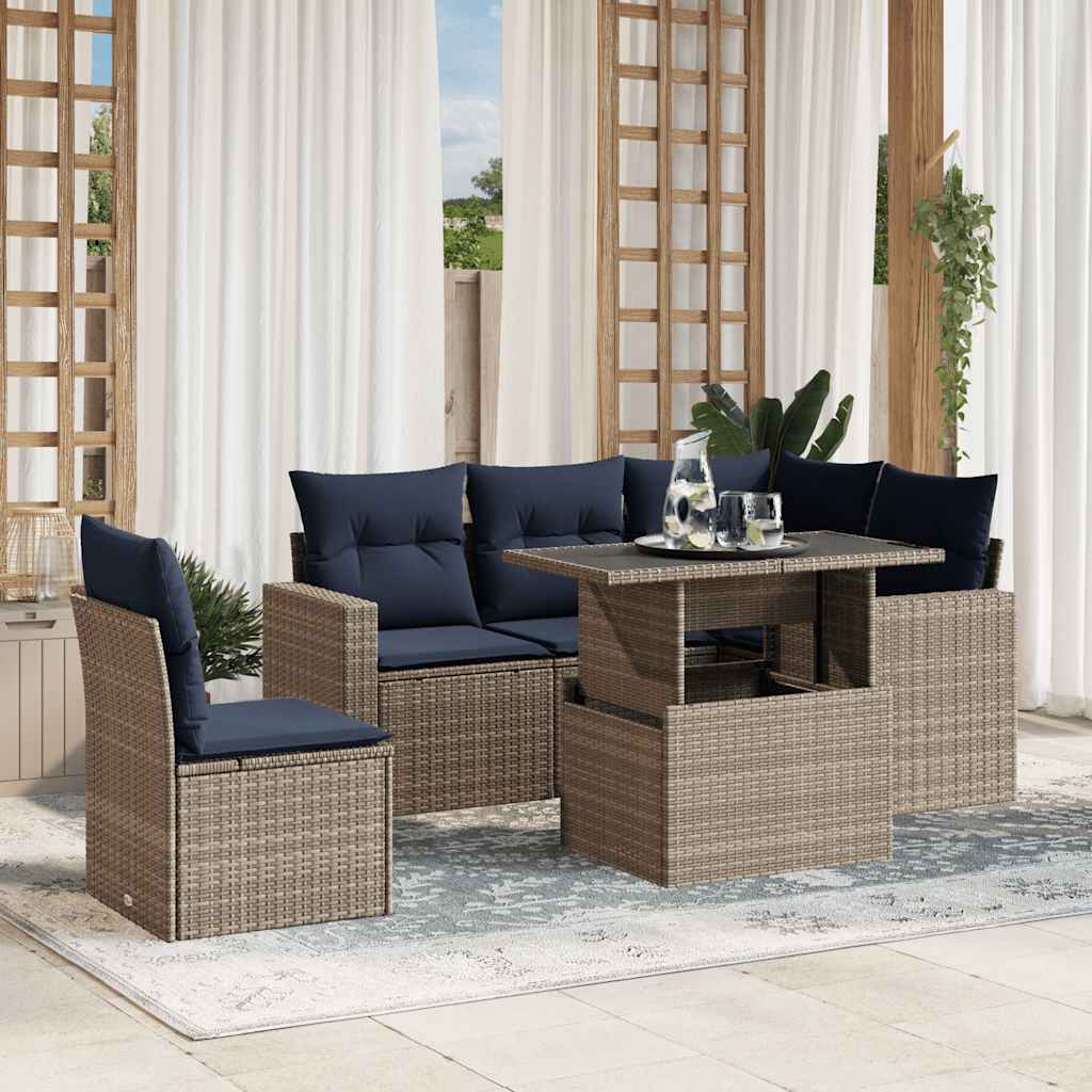havesofasæt med 6 dele og hynder grå polyrattan
