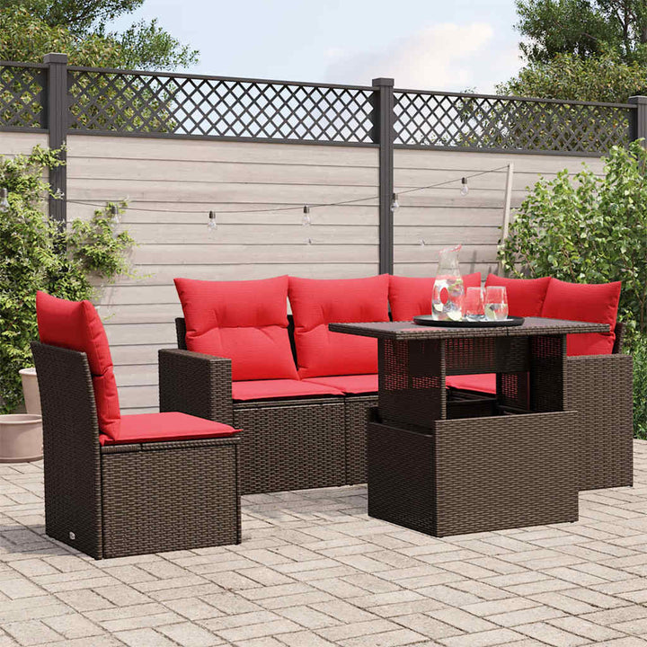 havesofasæt med 6 hynder brun polyrattan