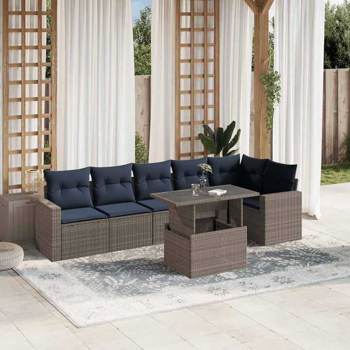 havesofasæt med 7 dele og hynder grå polyrattan