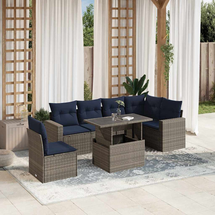 havesofasæt med 7 dele og hynder grå polyrattan