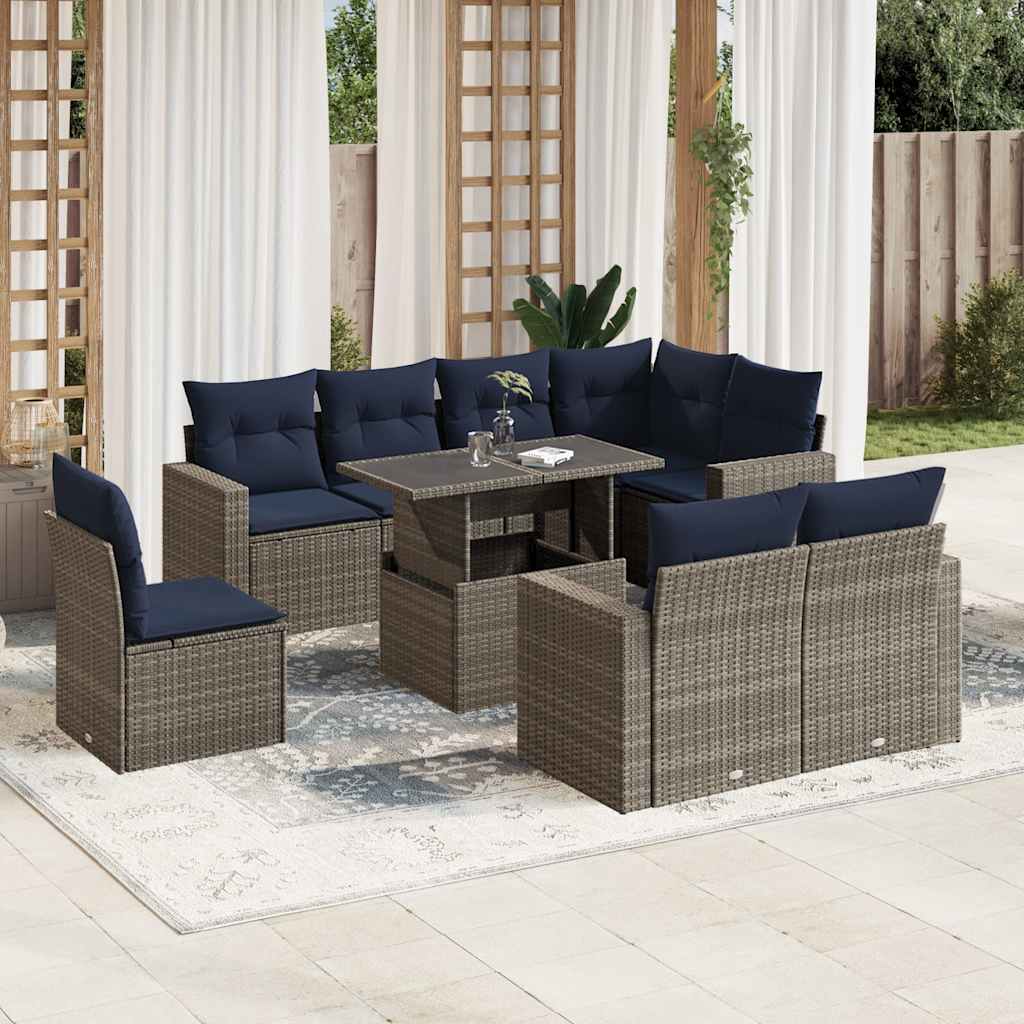 havesofasæt med 9 dele og hynder grå polyrattan