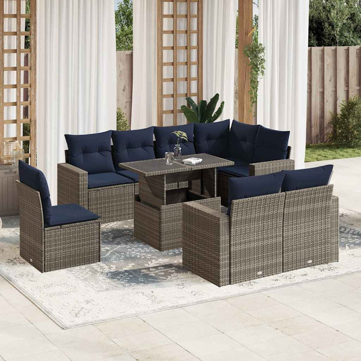 havesofasæt med 9 dele og hynder grå polyrattan