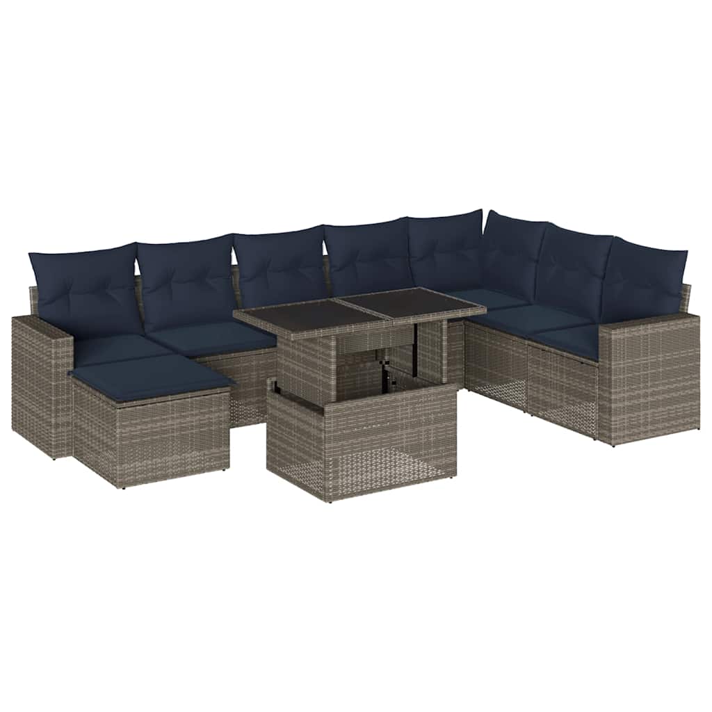 havesofasæt med 9 dele og hynder grå polyrattan