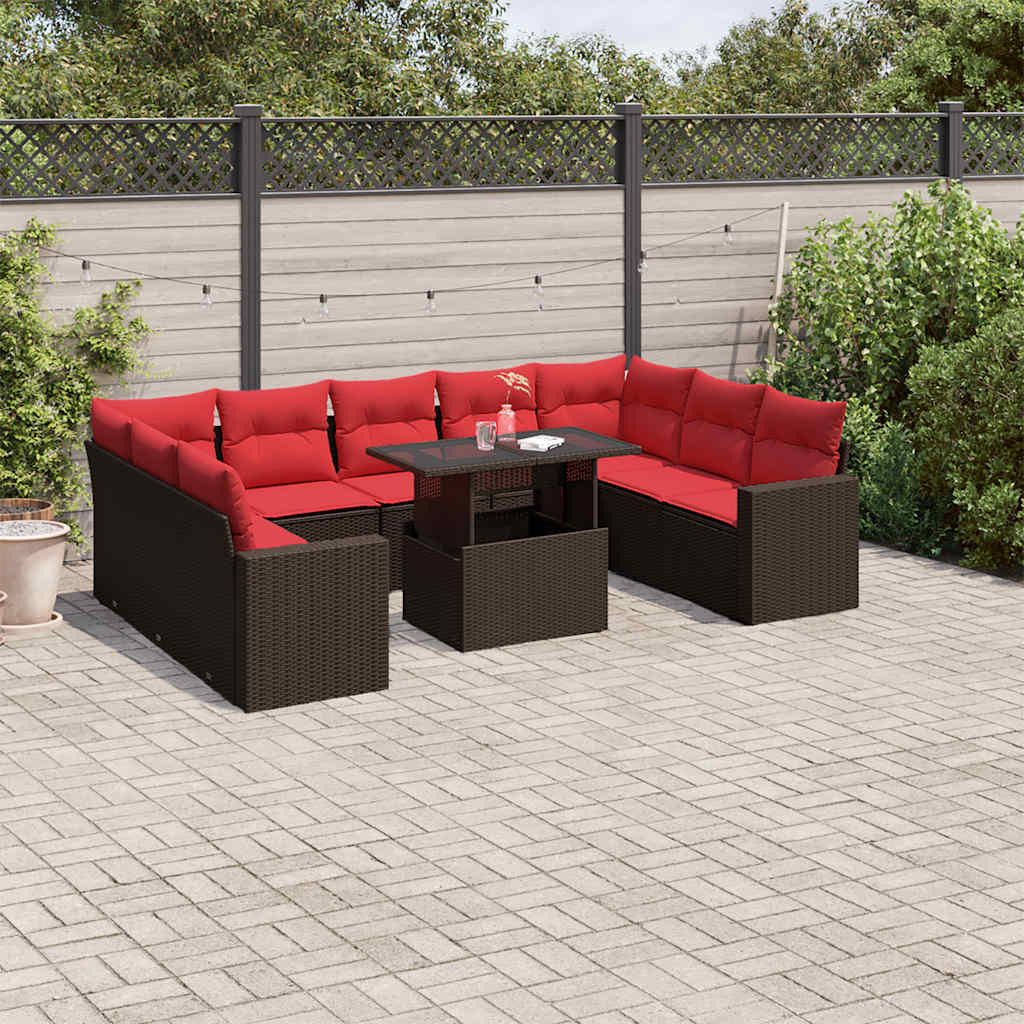 havesofasæt med 10 hynder brun polyrattan