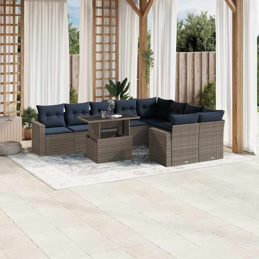 havesofasæt med 10 dele og hynder grå polyrattan