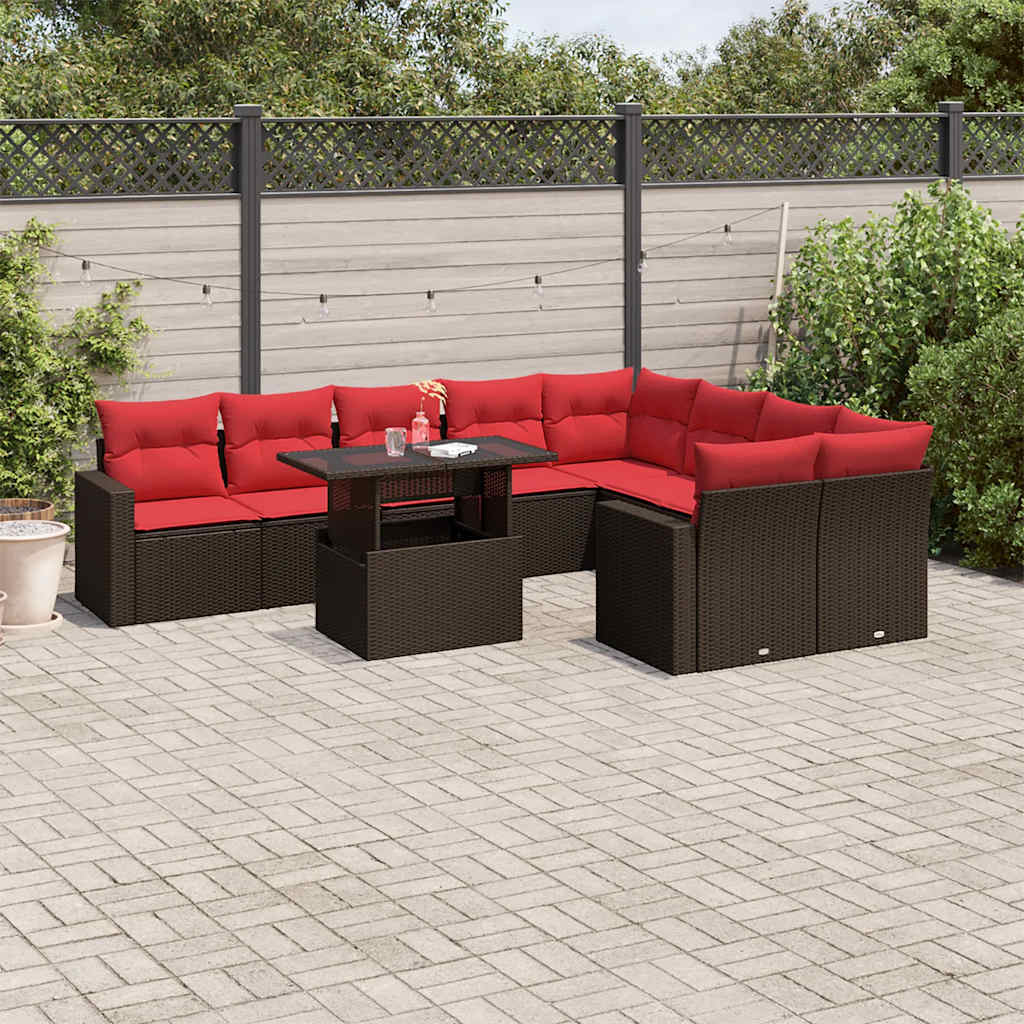 havesofasæt med 10 hynder brun polyrattan