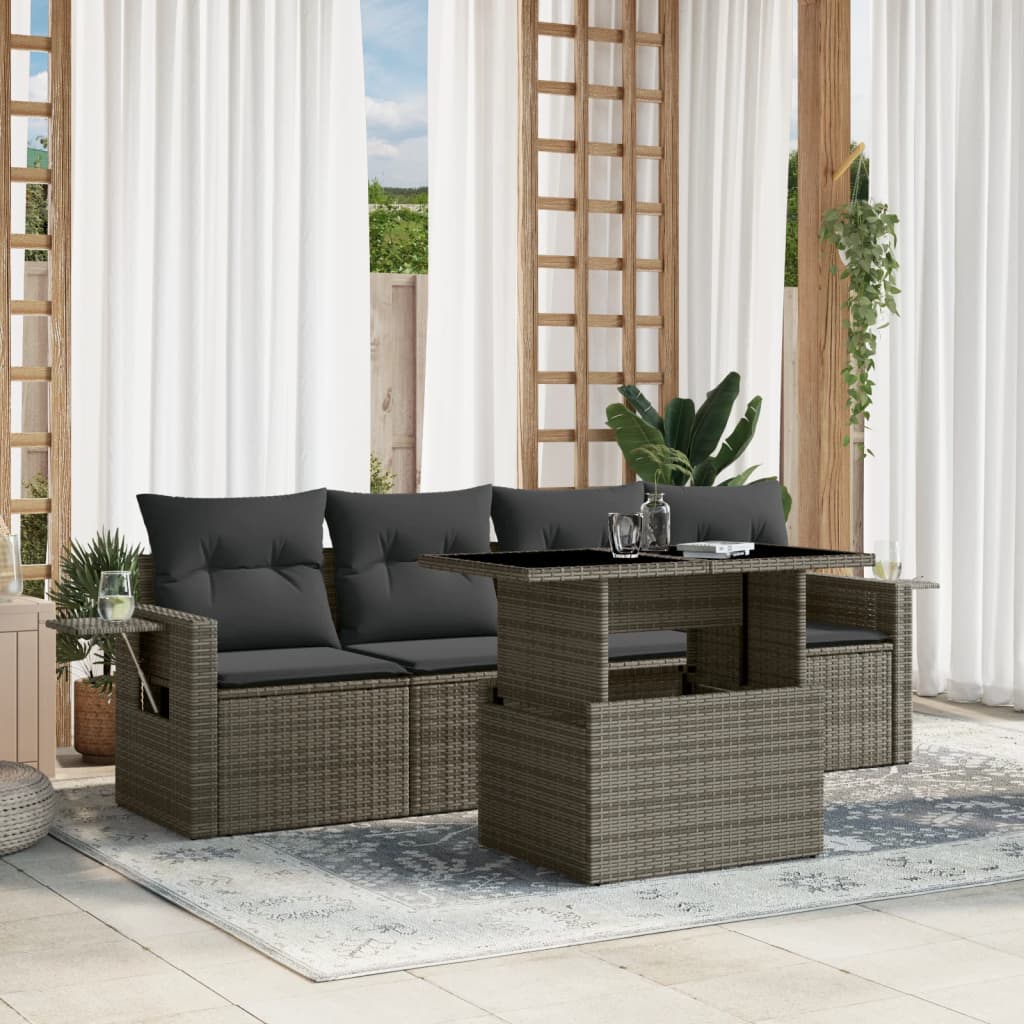 sofasæt 5 dele med hynder polyrattan grå