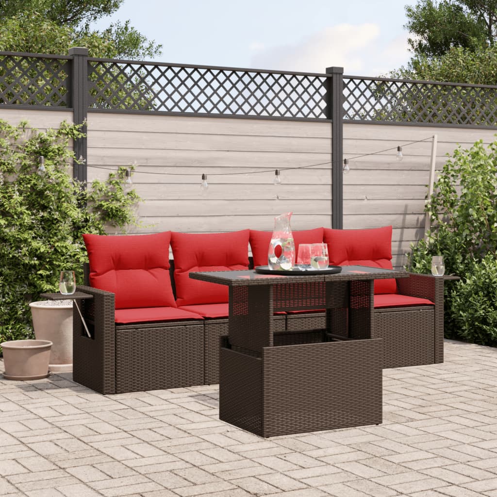 havesofasæt med 5 dele og hynder brun polyrattan