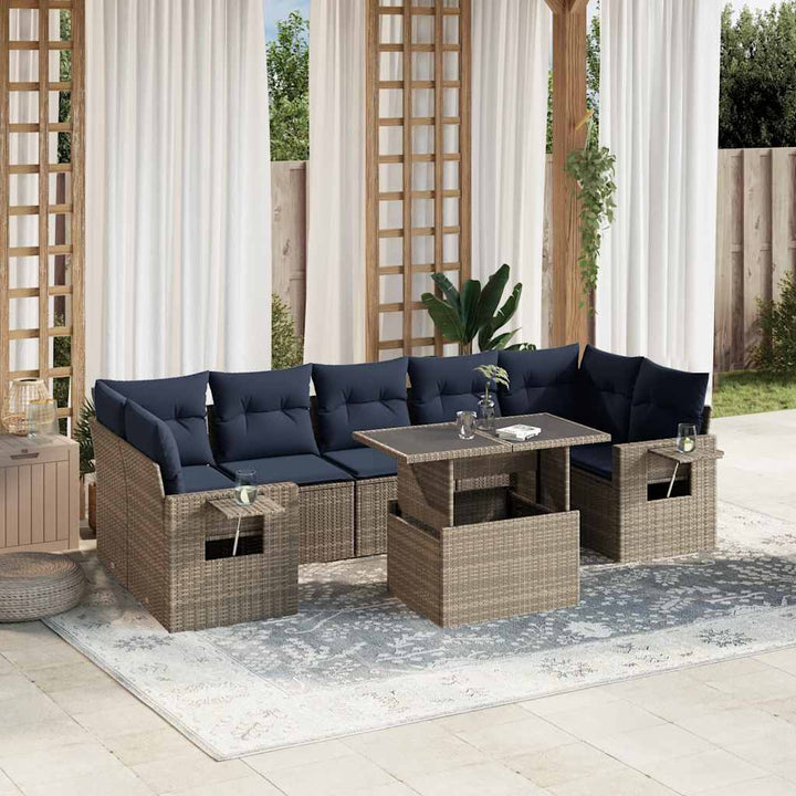havesofasæt med 8 hynder grå polyrattan