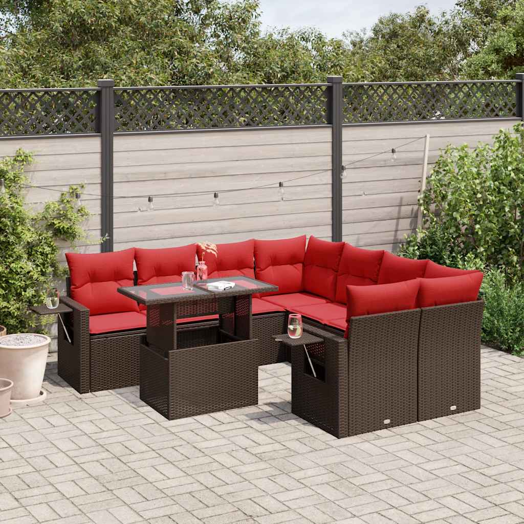 havesofasæt med 9 dele og hynder brun polyrattan