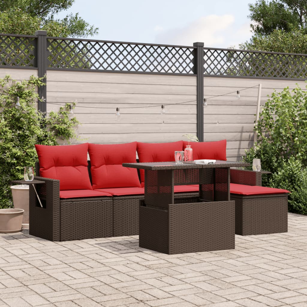 havesofasæt med 6 hynder brun polyrattan