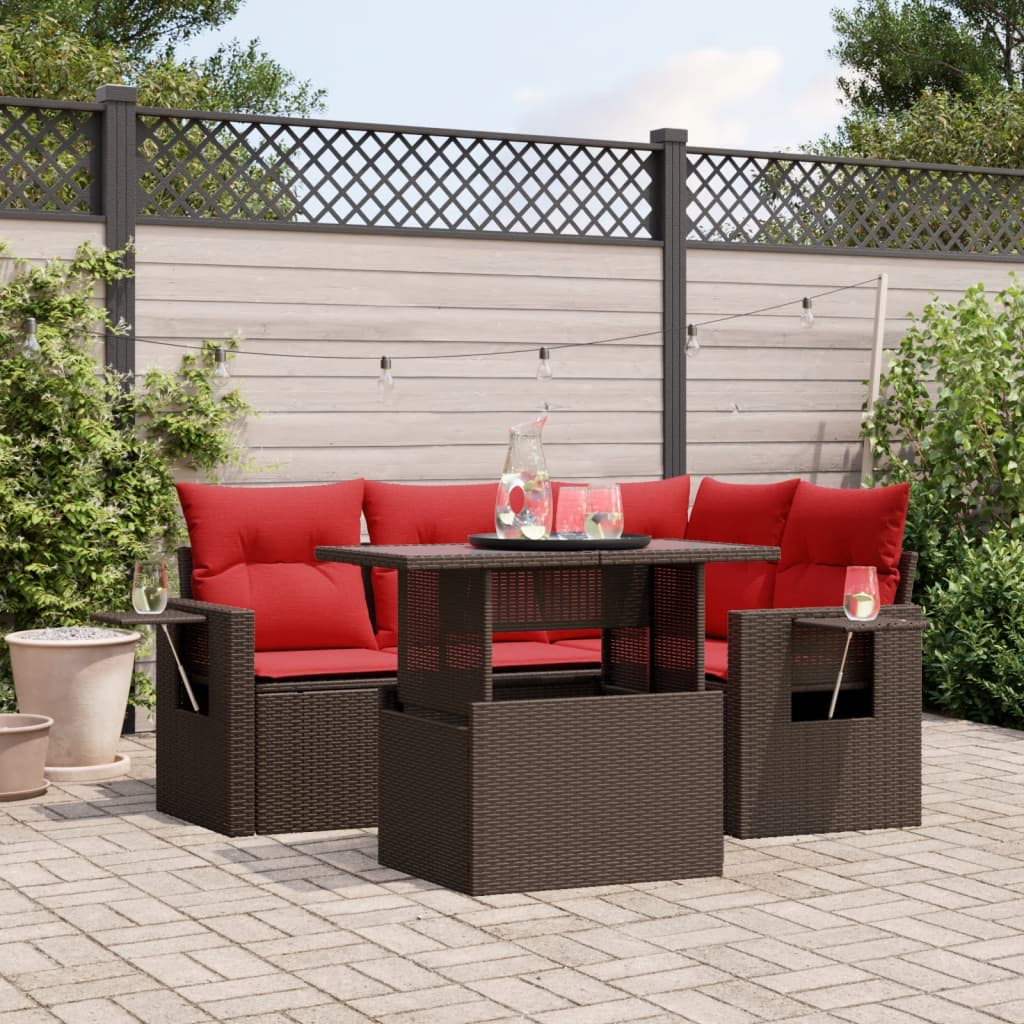havesofasæt med 5 dele og hynder brun polyrattan