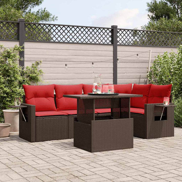havesofasæt med 6 hynder brun polyrattan