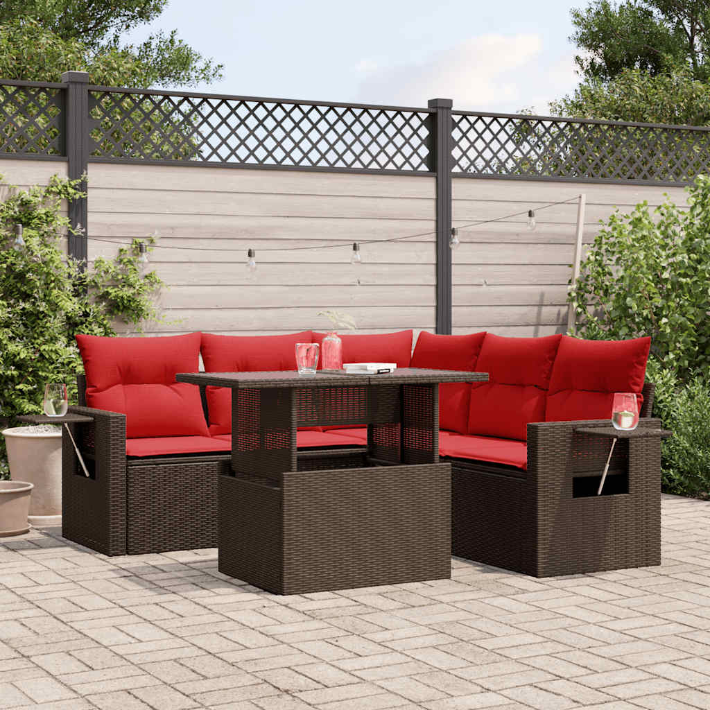 havesofasæt med 6 hynder brun polyrattan