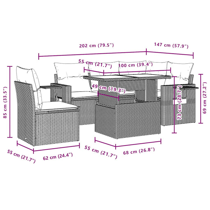 sofasæt til haven 6 dele med hynder polyrattan sort