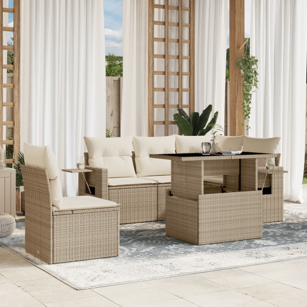sofasæt til haven 6 dele med hynder polyrattan beige